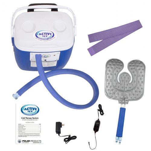 Active Ice 3.0 Universal Cold Therapy system with blue 15 Quart Cooler and Universal Bladder by itself against a white background