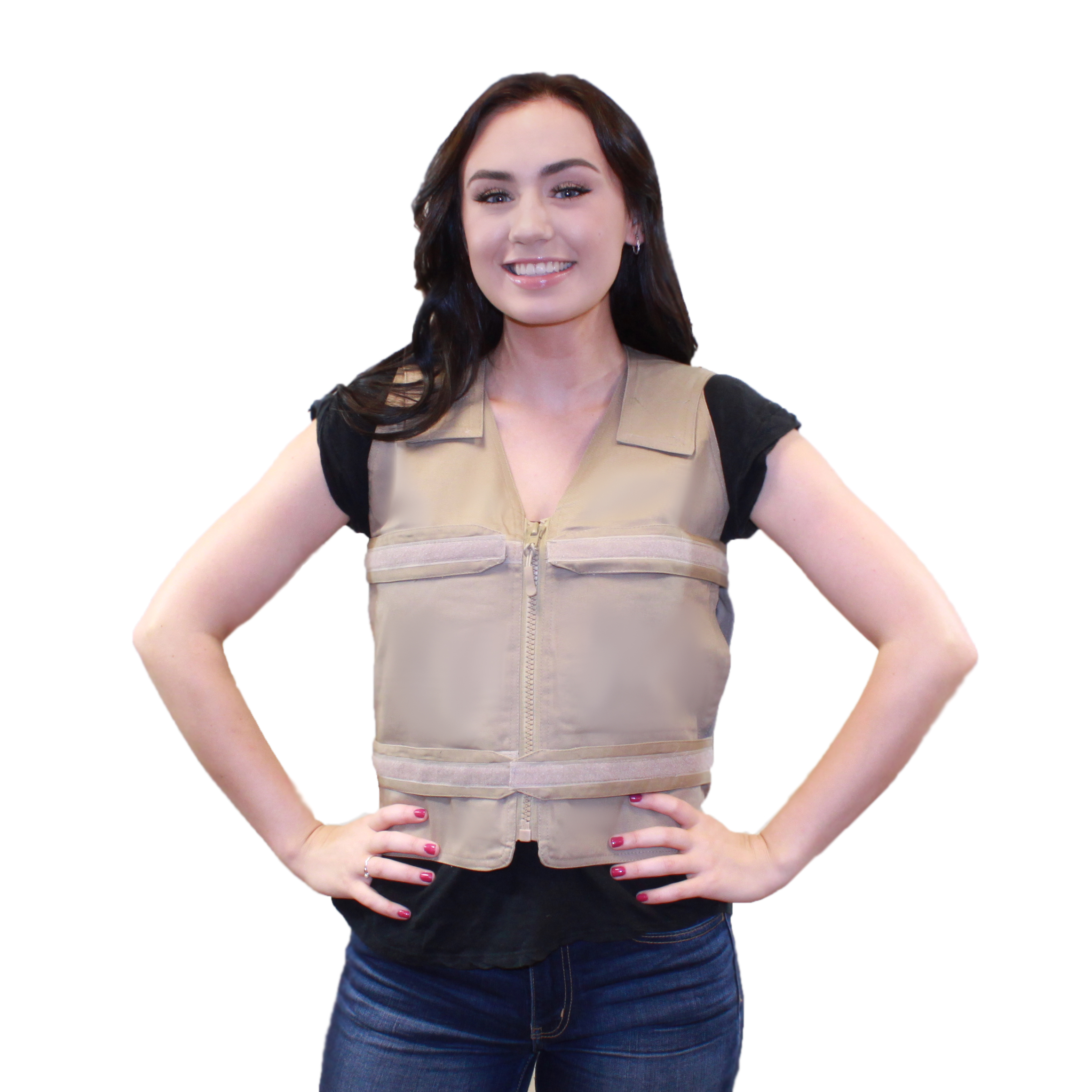 Woman wearing a khaki Kool Max adjustable zipper front cooling vest
