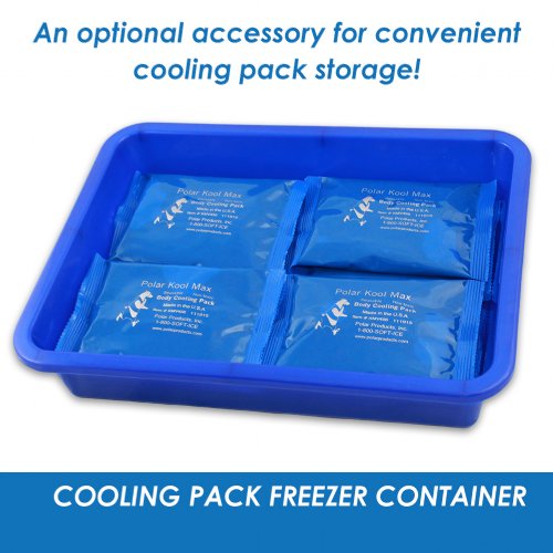 A plastic square freezer container with cold packs in it 