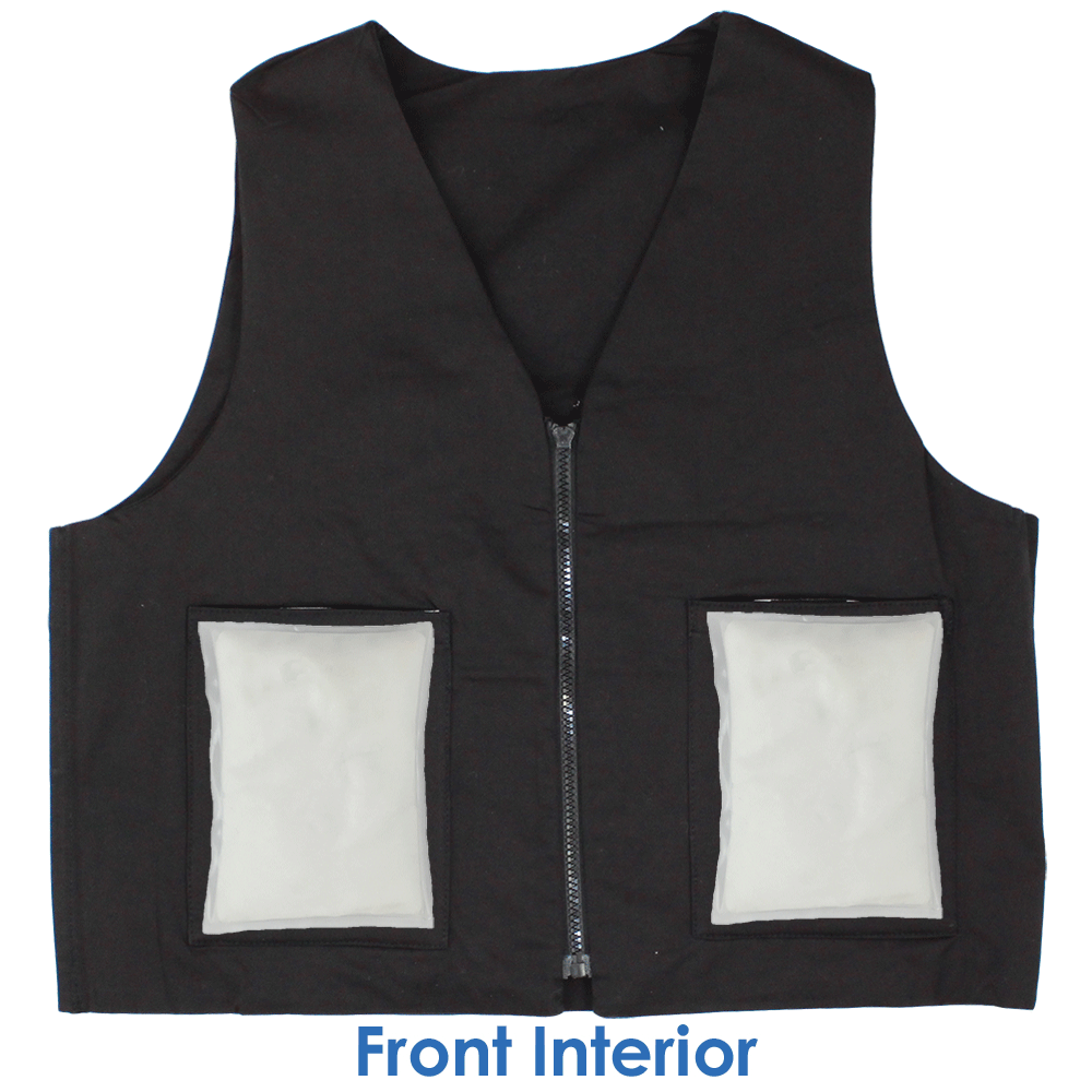 Front interior of Cool58 women's fashion vest with two pack pockets and two 4.5 x 6 inch Cool58 phase change cooling packs