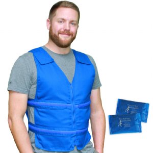 Man wearing Kool Max adjustable zipper front vest with two 4.5 x 6 inch Kool Max cooling packs