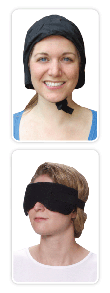 Woman wearing Cool Flow circulating water cooling head cap and woman wearing thera-temp moist heat eye and sinus wrap