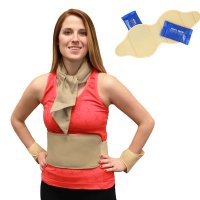 Woman wearing khaki Kool Max Secrets cooling torso wrap, deluxe neck tie, ankle wraps and wrist wraps