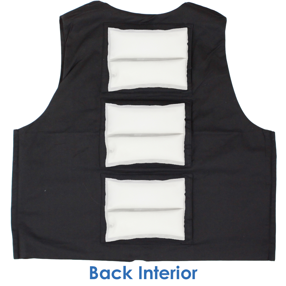 Back interior of Cool58 women's fashion vest with three pack pockets and three 4.5 x 6 inch Cool58 phase change cooling packs