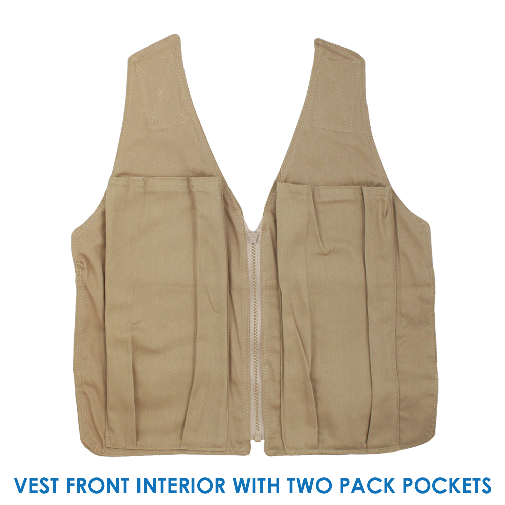 Front interior of a Cool58 adjustable phase change vest with two pack pockets