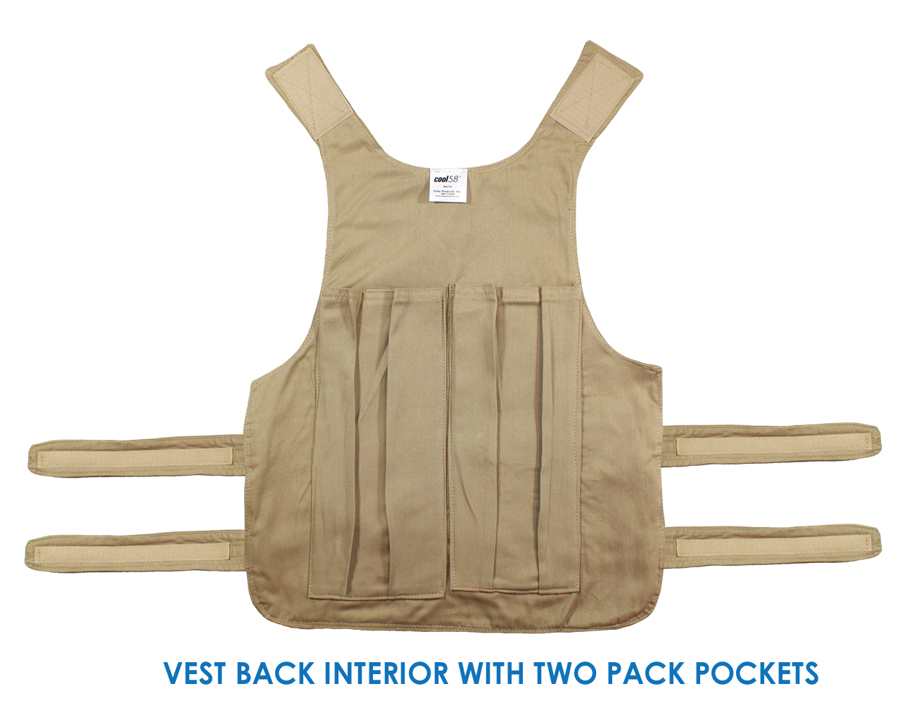 Back interior of a Cool58 adjustable phase change vest with two pack pockets
