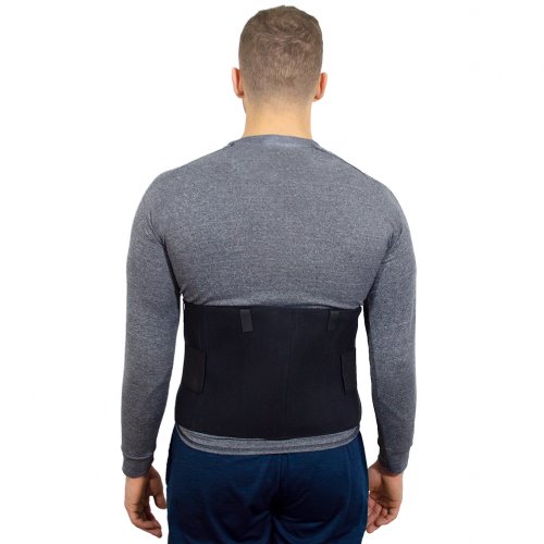 instant gel sports flexible hot and cold ice lumbar wrap worn on atheletic man 