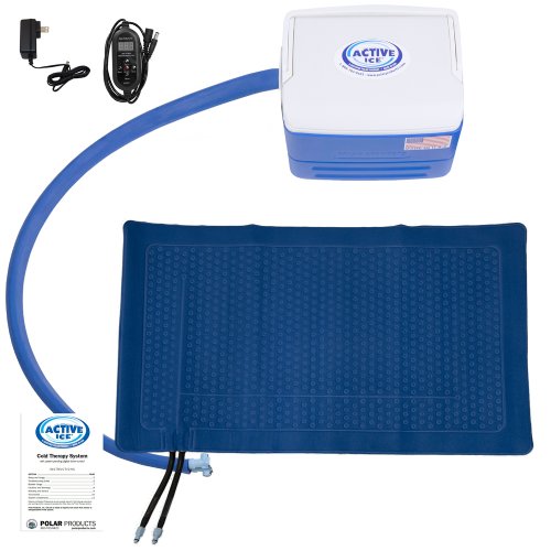 Active Ice 3.0 Blanket Cold Therapy system with blue 9 Quart Cooler by itself against a white background