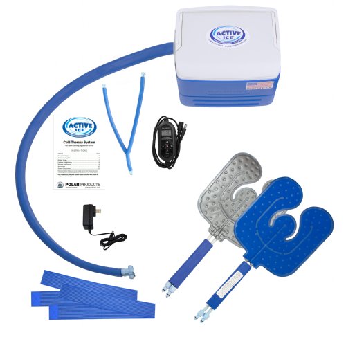 Active Ice 3.0 Double Cold Therapy system blue 9 Quart Cooler by itself against a white backgroundActive Ice cold water cyrotherapy machine is shown with its contents 