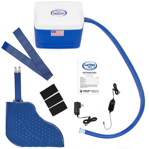 Active Ice 3.0 Foot and Ankle Cold Therapy system with blue 9 Quart Cooler by itself against a white background