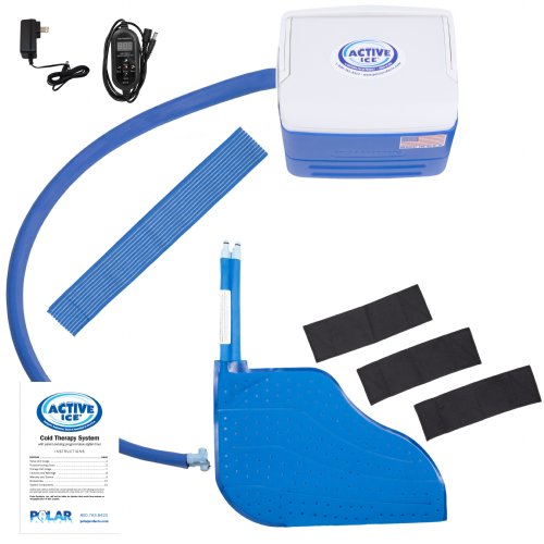 Active Ice 3.0 Foot and Ankle Cold Therapy system with blue 9 Quart Cooler by itself against a white background