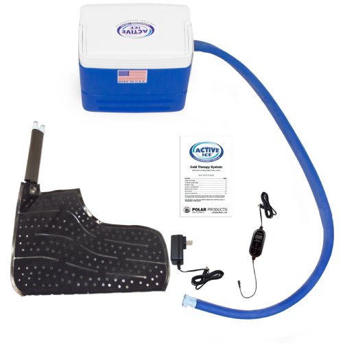 Active Ice 3.0 Foot and Ankle Cold Therapy system with blue 9 Quart Cooler by itself against a white background