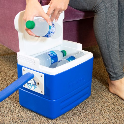 Active Ice 3.0 Foot and Ankle Cold Therapy system with blue 9 Quart Cooler by itself against a white background