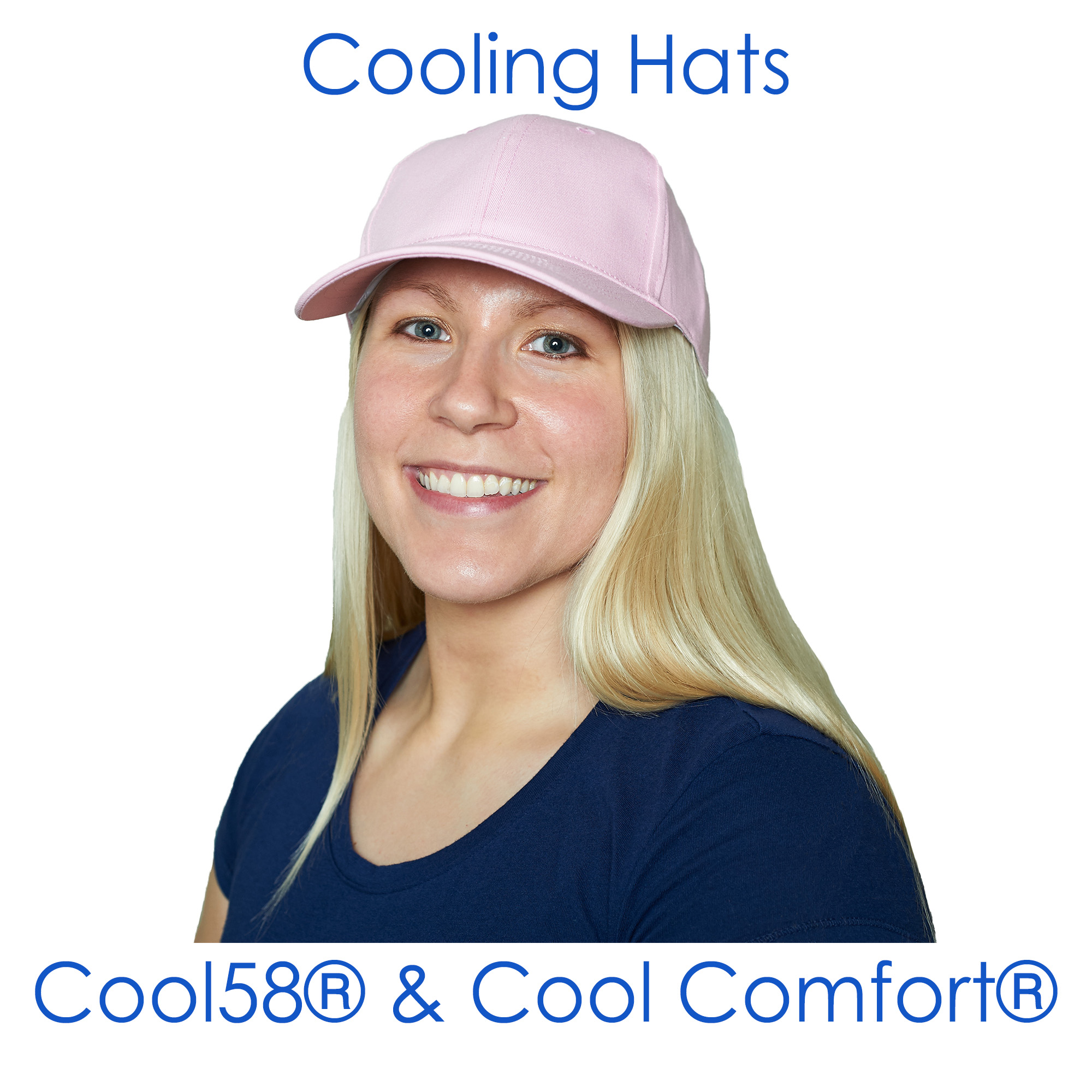Woman wearing a pink baseball cap with words saying cooling hats cool58 and cool comfort