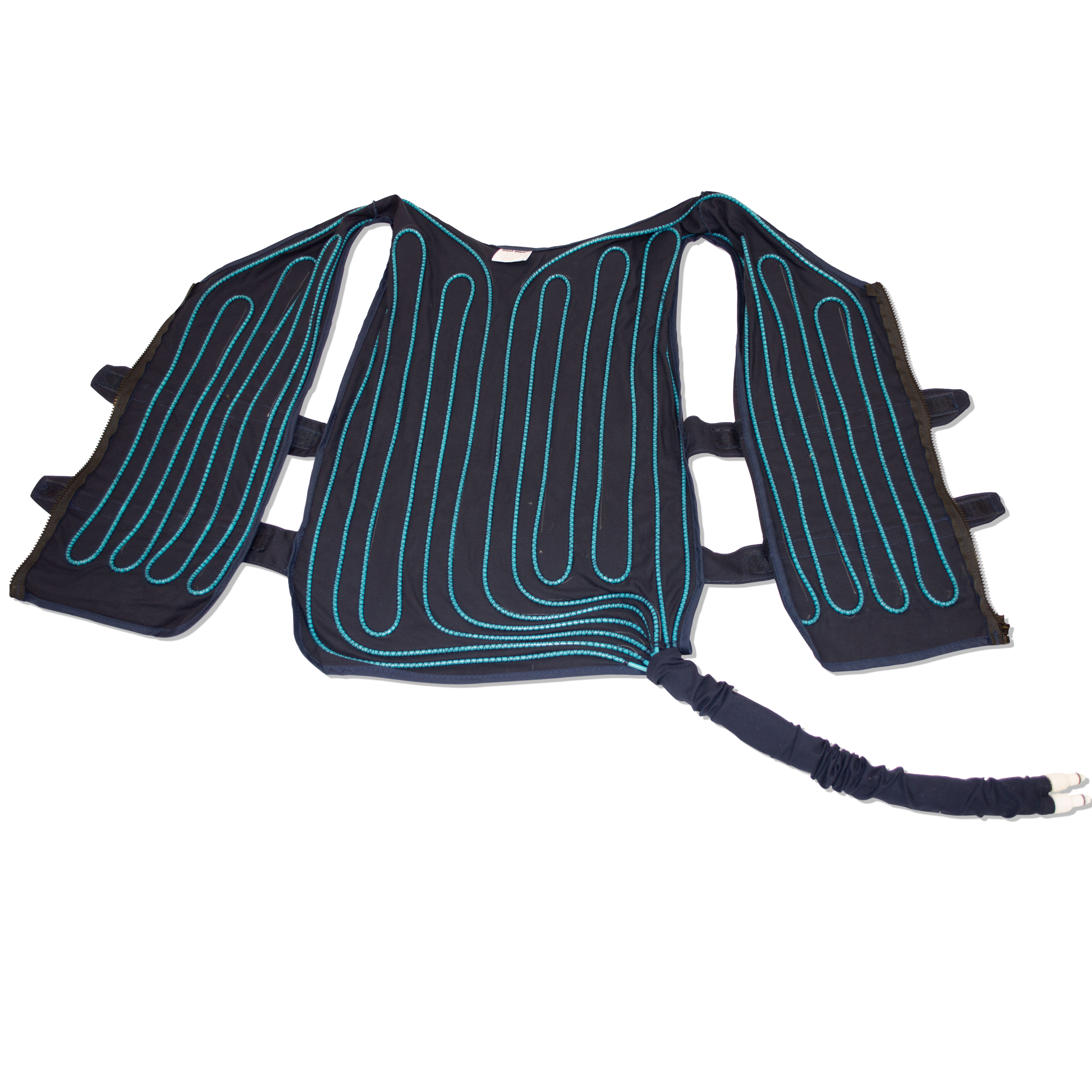 A blue vest opened up to expose water circulating tubing sewn in. A lightweight vest with adjustable straps at the chest and waist to ensure a snug fit.