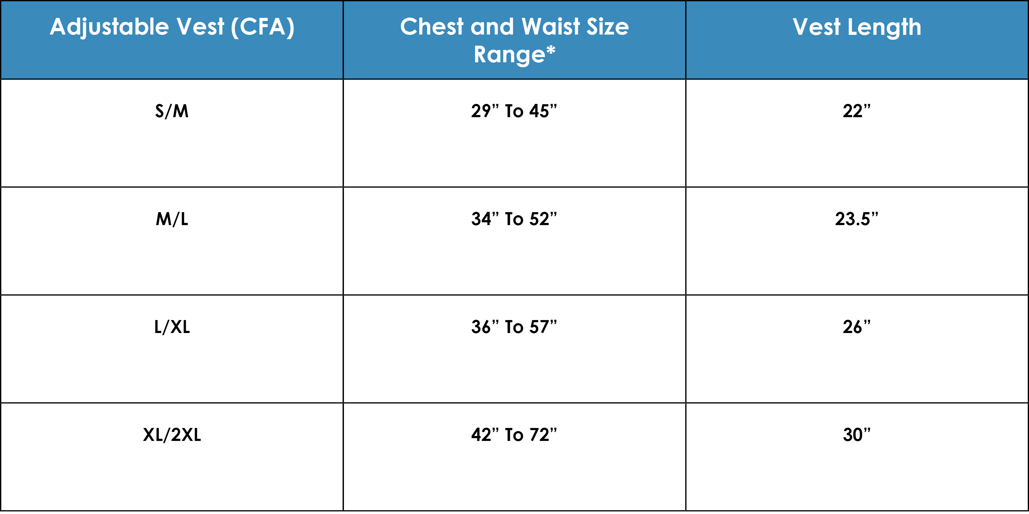 A picture of the adjustable vest size Chart