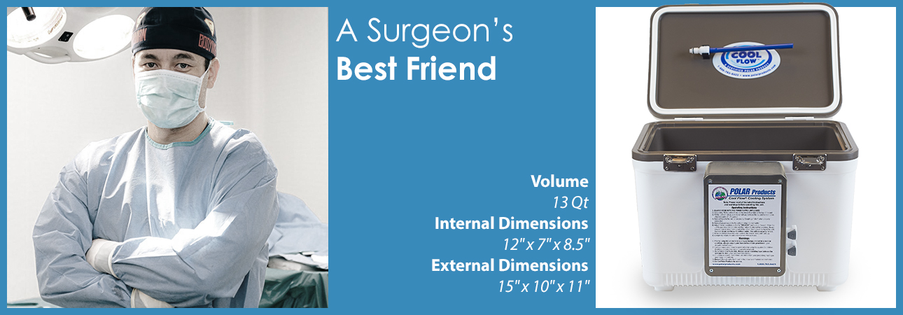 a surgeon wearing gear smiling to the right the words A surgeons best friend is overhead the reservoir dimensions are displayed to the left along with a picture of the reservoir