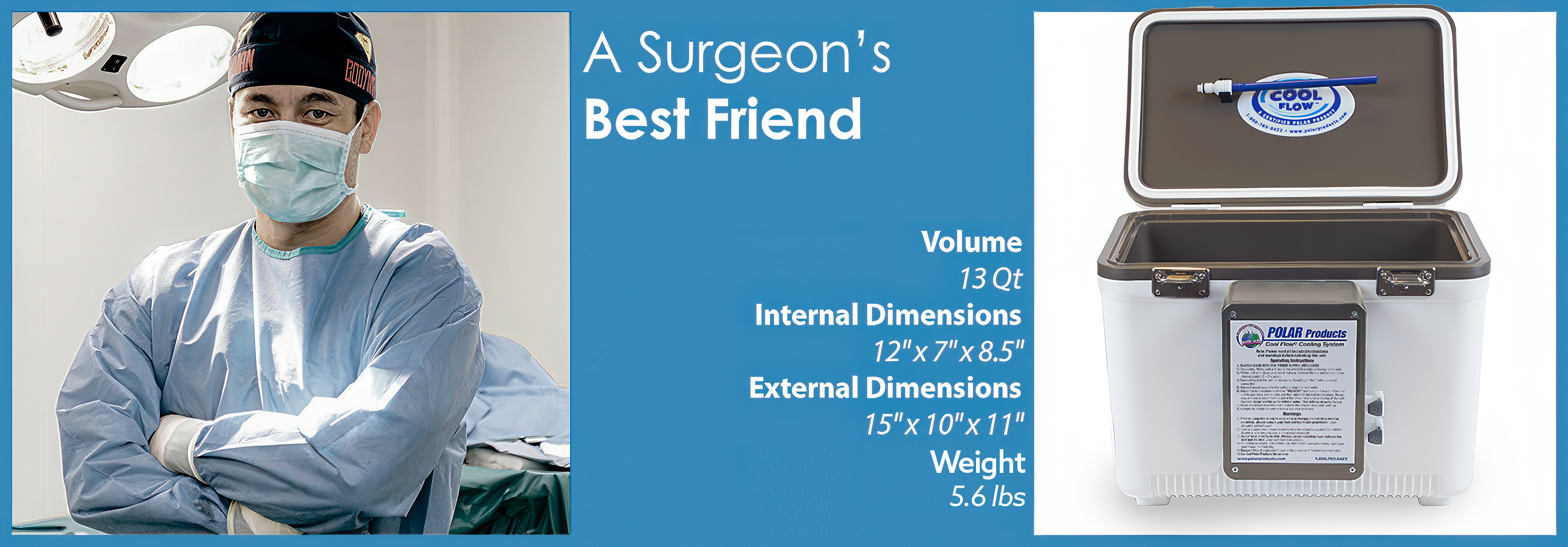 a surgeon wearing gear smiling to the right the words A surgeons best friend is overhead the reservoir dimensions are displayed to the left along with a picture of the reservoir