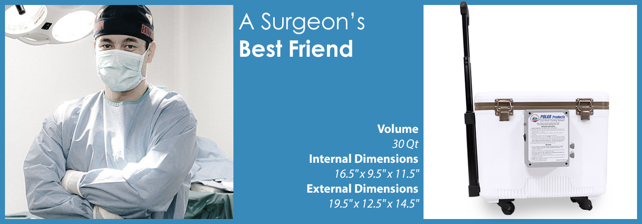 a surgeon wearing gear smiling to the right the words A surgeons best friend is overhead the reservoir dimensions are displayed to the left along with a picture of the reservoir