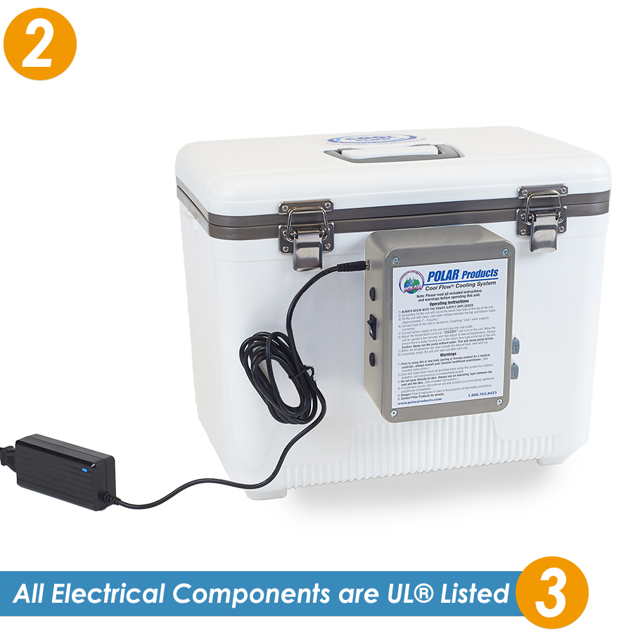 A CoolOR 30 Quart reservoir is shown with a power supply plugged in the number two is at the top left corner and the number three is at the bottom right with a banner saying all electrical componenets are UL listed