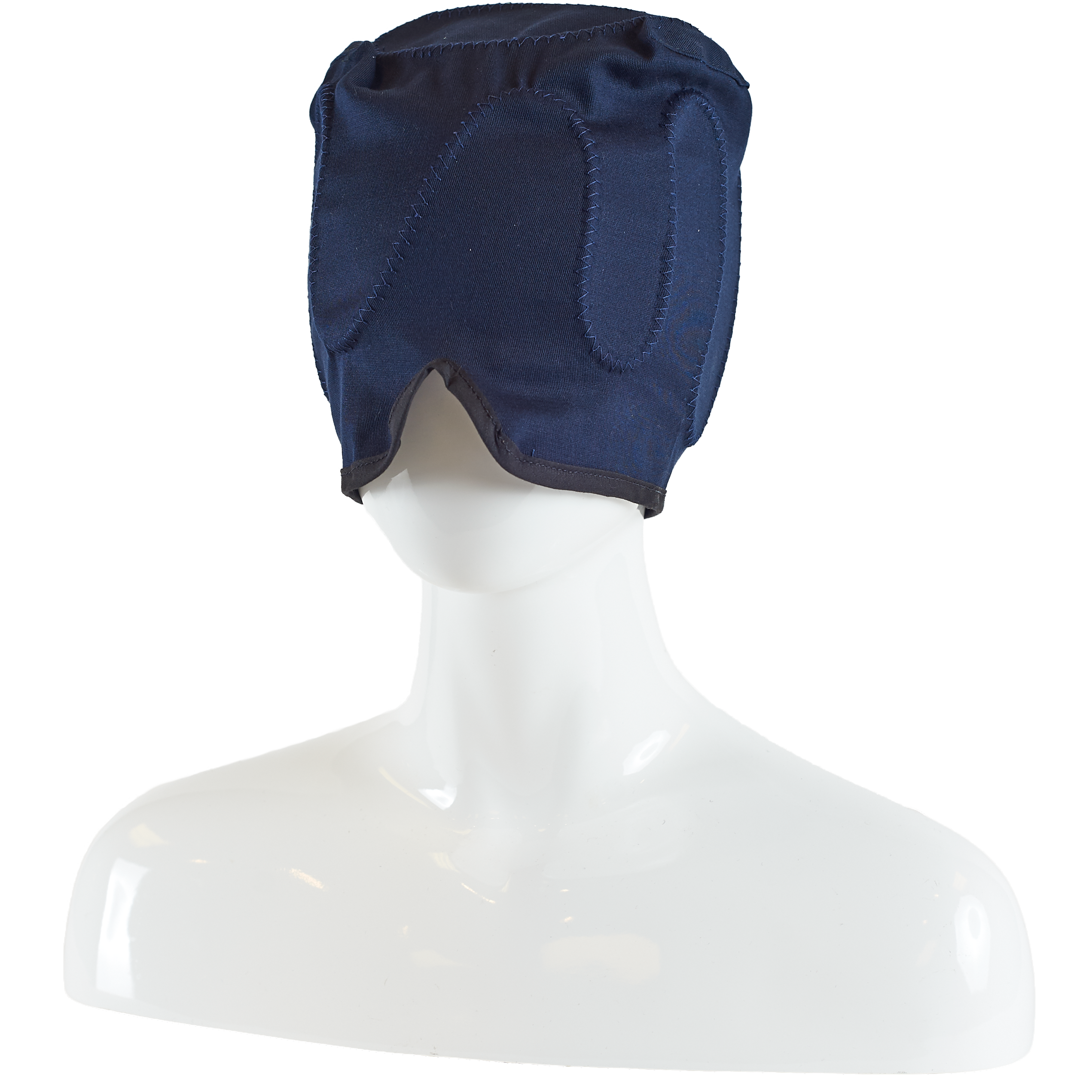 Mannequin wearing a neck and scalp cold water ice pad circulating head cap