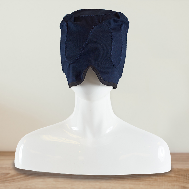 Mannequin wearing a neck and scalp cold water ice pad circulating head cap