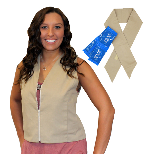 Woman wearing a khaki Womens fashion cooling vest with deluxe neck tie