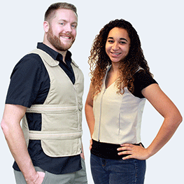 Man wearing a khaki adjustable zipper front cooling vest with woman wearing a khaki women's fashion cooling vest