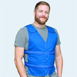 Man wearing blue adjustable zipper front cooling vest