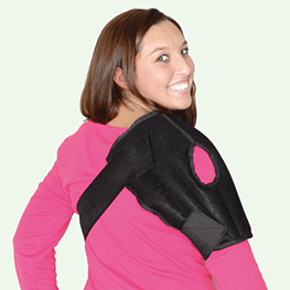 Woman wearing a Thera-temp moist heat shoulder wrap with elastic straps