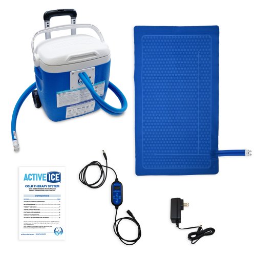 Active Ice 3.0 Blanket Cold Therapy system with blue 15 Quart Cooler by itself against a white background