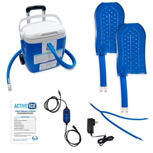 Active Ice cold water cyrotherapy machine is shown with its contents 