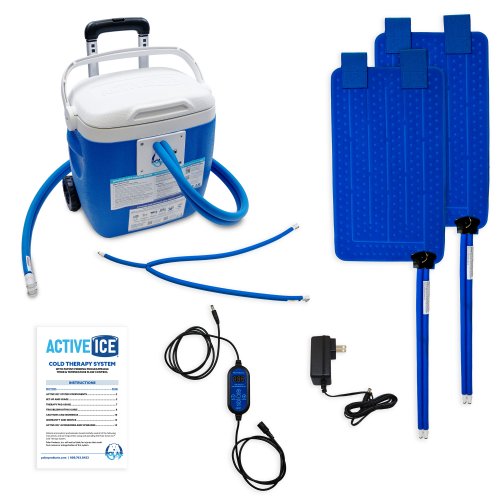 an active ice cold water therapy system full coverage knee displayed to show its contents 