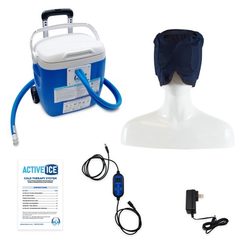 A Mannequin head is wearing an Active Ice3.0 Extended Circulating Cold Water Therapy Headcap in the background a 15 Quart reservoir is visible