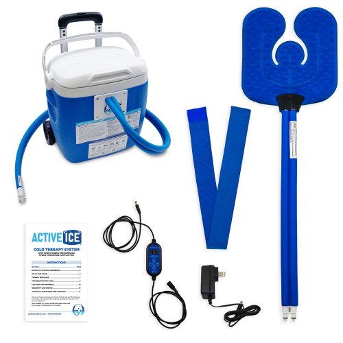 Active Ice 3.0 Universal Cold Therapy system with blue 15 Quart Cooler and Universal Bladder by itself against a white background