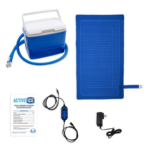 Active Ice 3.0 Blanket Cold Therapy system with blue 9 Quart Cooler by itself against a white background