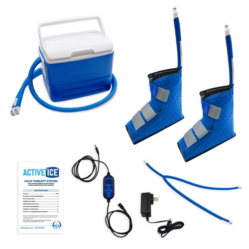 Active Ice 3.0 Double Foot & Ankle Cold Therapy system with blue 9 Quart Cooler by itself against a white background