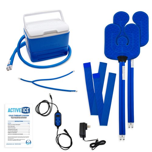 Active Ice 3.0 Double Cold Therapy system blue 9 Quart Cooler by itself against a white backgroundActive Ice cold water cyrotherapy machine is shown with its contents 