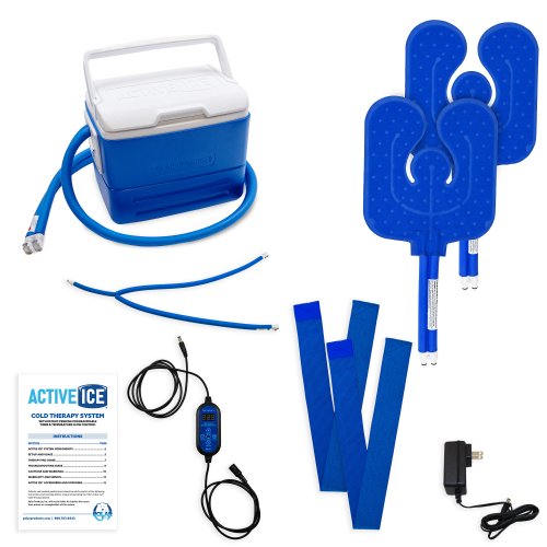 Active Ice 3.0 Double Cold Therapy system blue 9 Quart Cooler by itself against a white backgroundActive Ice cold water cyrotherapy machine is shown with its contents 