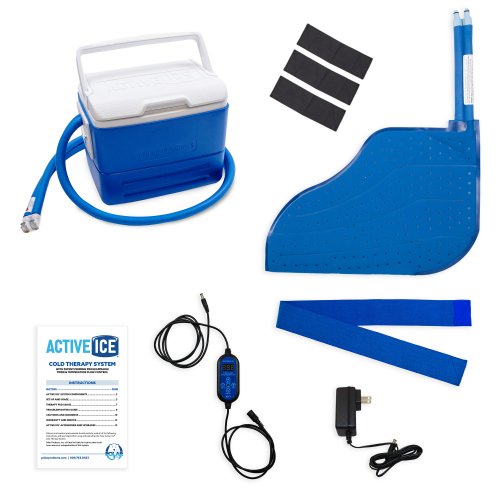 Active Ice 3.0 Foot and Ankle Cold Therapy system with blue 9 Quart Cooler by itself against a white background