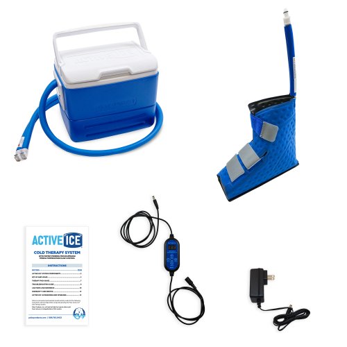Active Ice 3.0 Foot & Ankle Cold Therapy system with blue 9 Quart Cooler by itself against a white background