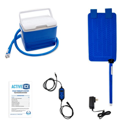 an active ice cold water therapy system full coverage knee displayed to show its contents 