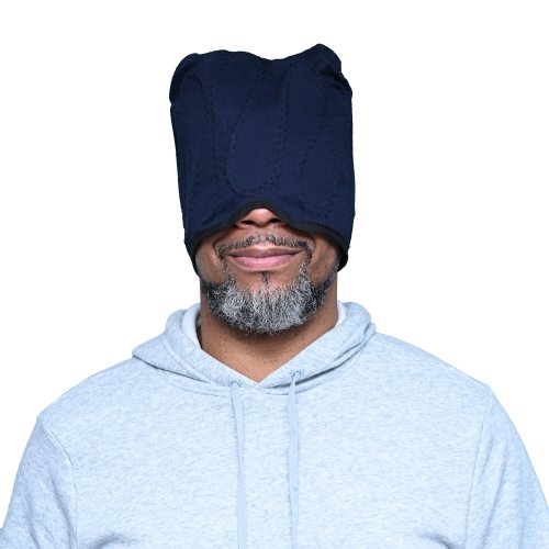 A Man is wearing an Active Ice3.0 Circulating Cold Water Therapy Extended Headcap. The Cap goes over her scalp and eyes