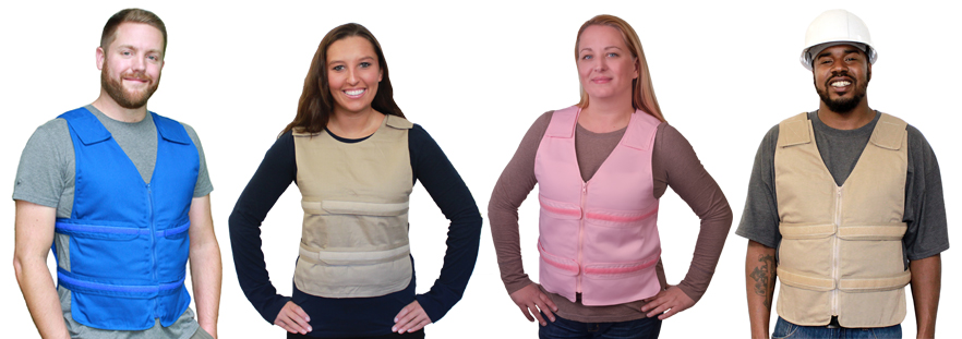 Four people wearing Kool Max and Cool58 adjustable cooling vests