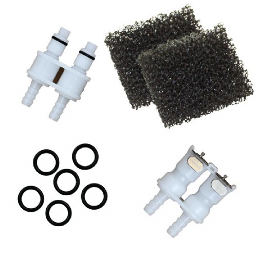 dual female and dual male couplings are shown next to a small filter and six orings