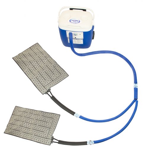 Active Ice 3.0 Double Universal Cold Therapy system with blue 15 Quart Cooler and two Rectangular Bladders is shown by itself against a white background