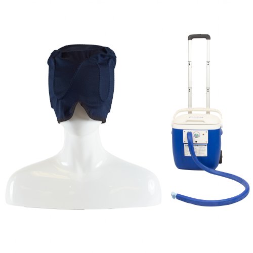 A Mannequin head is wearing an Active Ice3.0 Extended Circulating Cold Water Therapy Headcap in the background a 15 Quart reservoir is visible