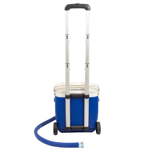 The back of the blue 15 quart Active Ice3.0 cooling reservoir is shown The retractable handle is fully extended while the wheels are connected to the bottom of the reservoir