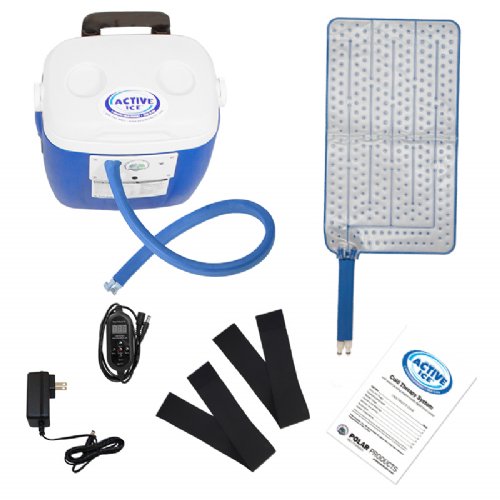 an active ice cold water therapy system full coverage knee displayed to show its contents 