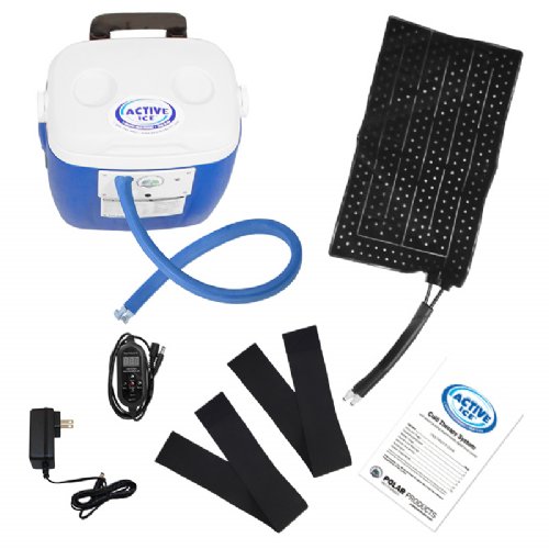 an active ice cold water therapy system full coverage knee displayed to show its contents 